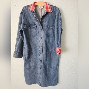 Toussaint Vintage Casual Denim Jacket Dress with Red Plaid Details